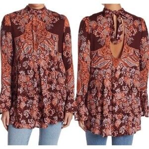 Free People Women’s XS Extra Small Luck Tunic Red Floral Paisley Boho Hippie Top